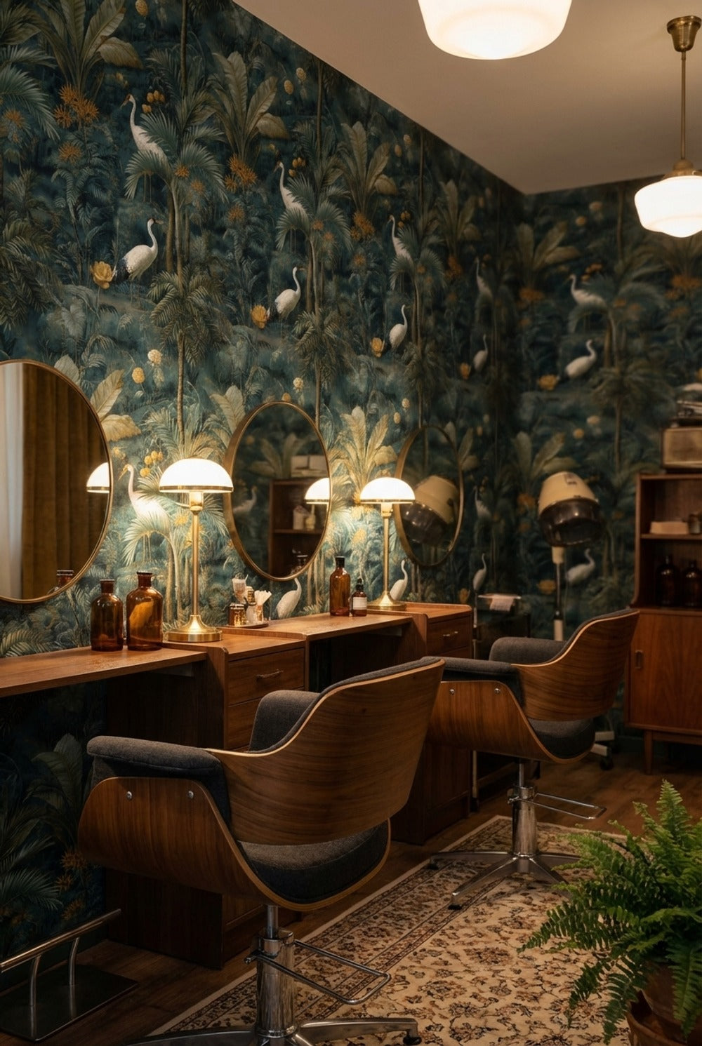 Tropikal Kuşlu Duvar Kağıdı Koyu Yeşil Vintage Salon