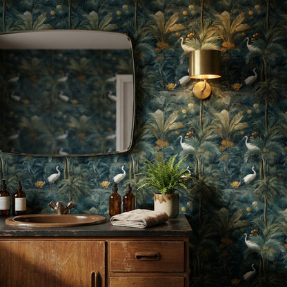 Tropikal Kuşlu Duvar Kağıdı Koyu Yeşil Vintage Salon