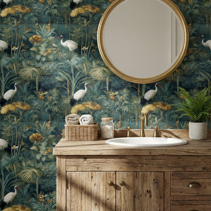 Turnalı Botanik Duvar Kağıdı Yeşil Tropik Desenli Banyo