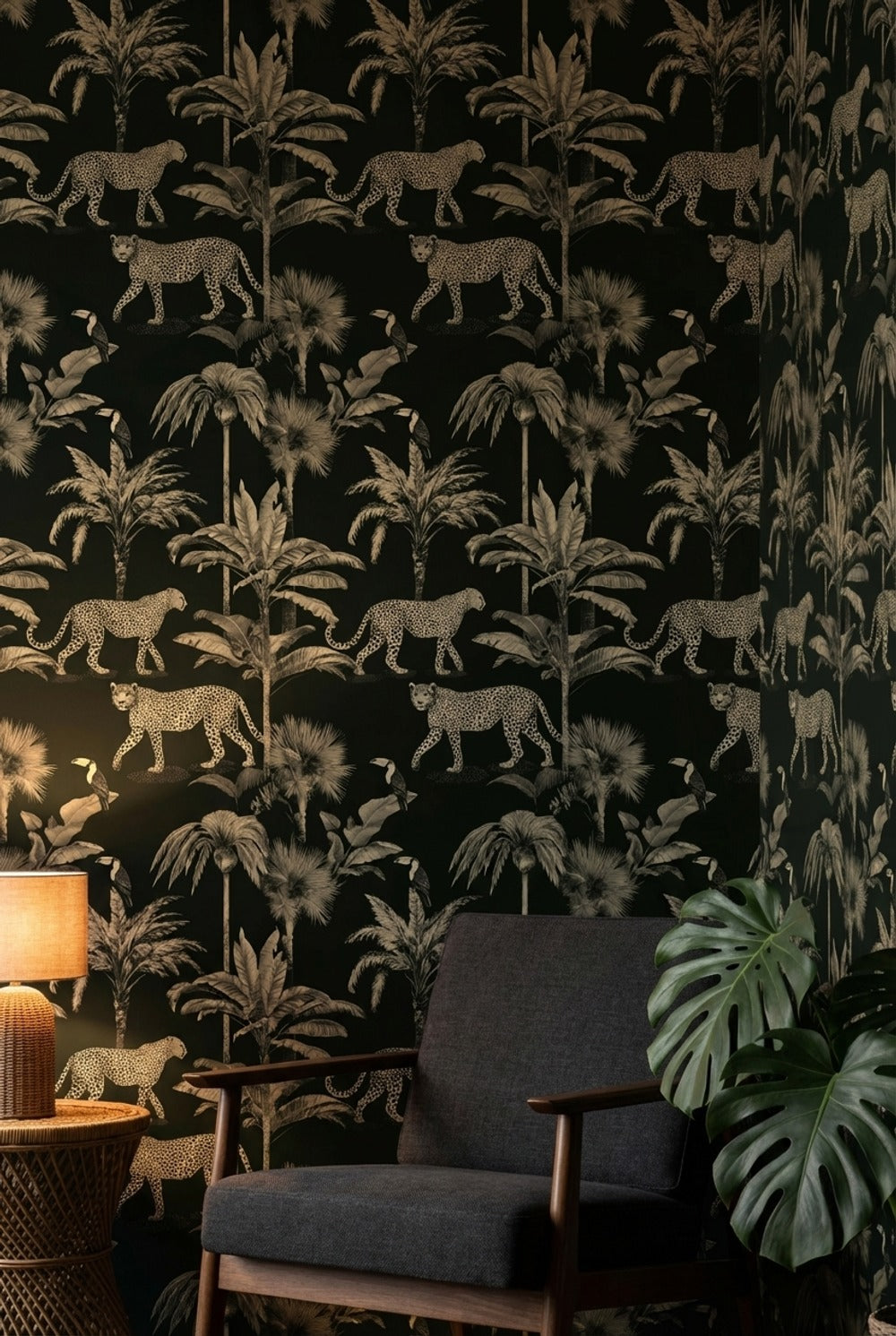 Leoparlı Tropikal Orman Duvar Kağıdı Siyah Yeşil Salon