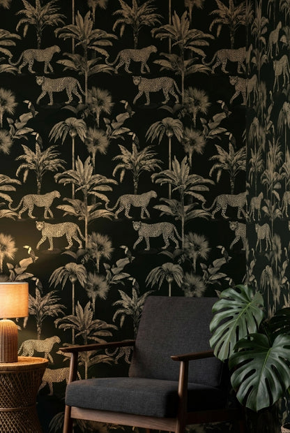 Leoparlı Tropikal Orman Duvar Kağıdı Siyah Yeşil Salon