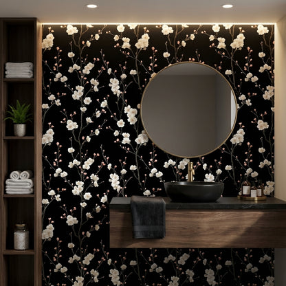 Siyah Zemin Beyaz Çiçekli Duvar Kağıdı Banyo Deseni