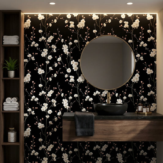 Siyah Zemin Beyaz Çiçekli Duvar Kağıdı Banyo Deseni