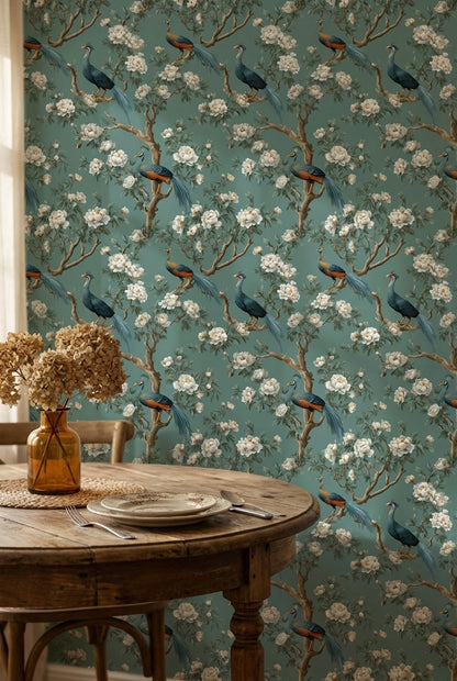 Tavus Kuşlu Çiçekli Duvar Kağıdı Yeşil Vintage Desenli