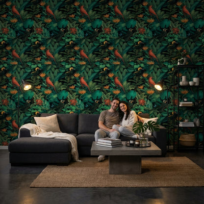 Tropikal Kuş ve Yapraklı Duvar Kağıdı Koyu Yeşil Salon