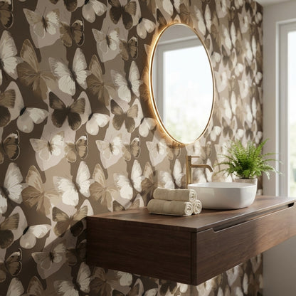 Kelebek Desenli Duvar Kağıdı Vizon Kahverengi Banyo Dekoru