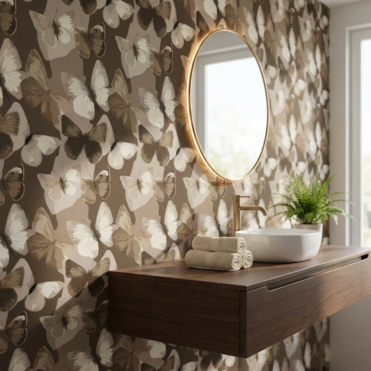 Kelebek Desenli Duvar Kağıdı Vizon Kahverengi Banyo Dekoru