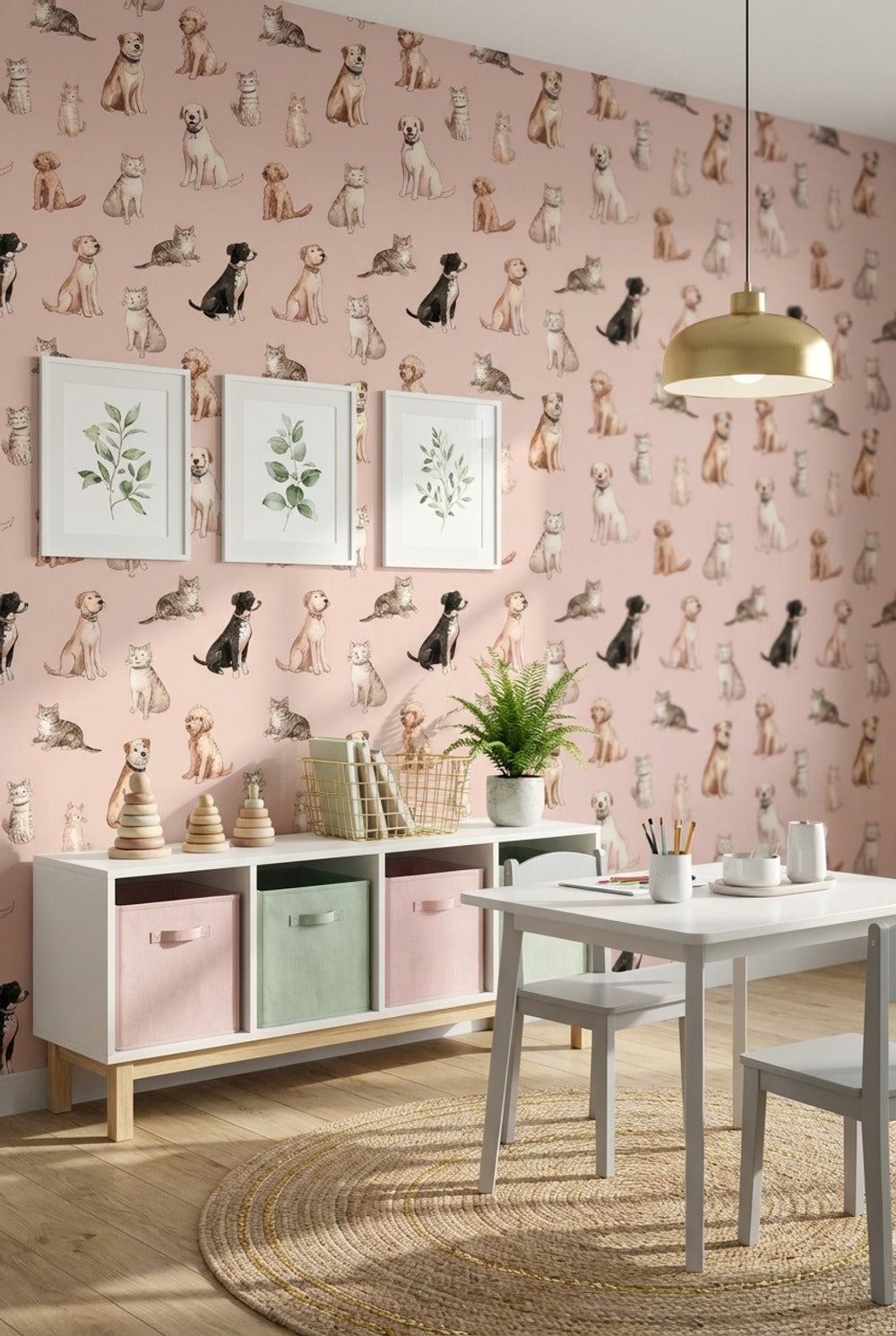 Kedi Köpek Desenli Duvar Kağıdı Pudra Pembe Çocuk Odası