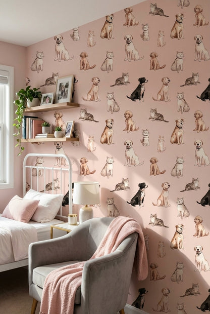 Kedi Köpek Desenli Duvar Kağıdı Pudra Pembe Çocuk Odası