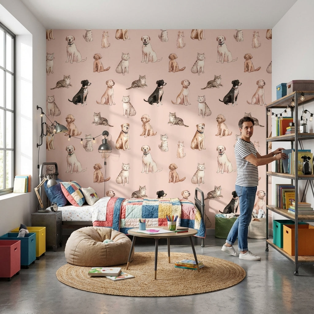 Kedi Köpek Desenli Duvar Kağıdı Pudra Pembe Çocuk Odası