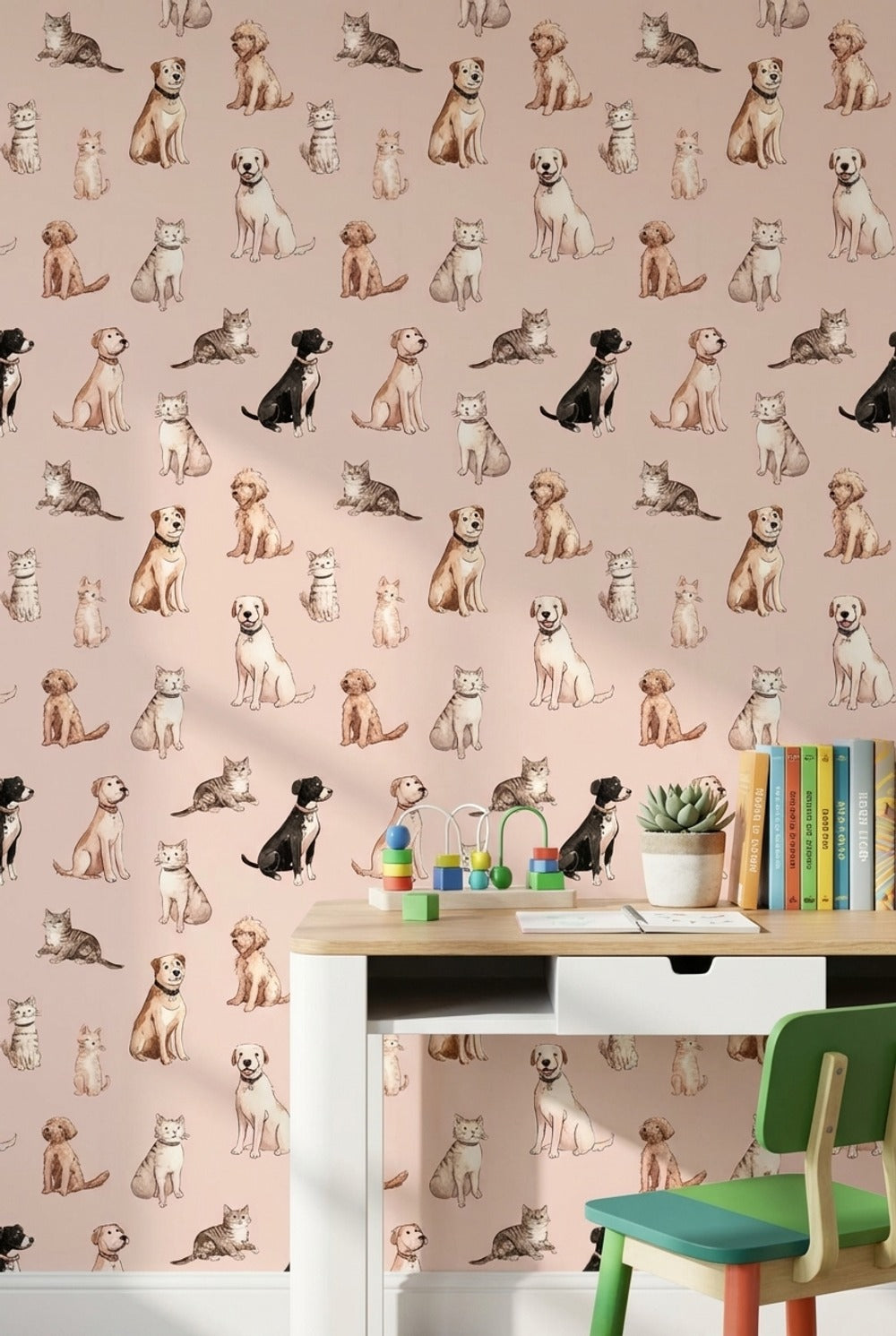Kedi Köpek Desenli Duvar Kağıdı Pudra Pembe Çocuk Odası