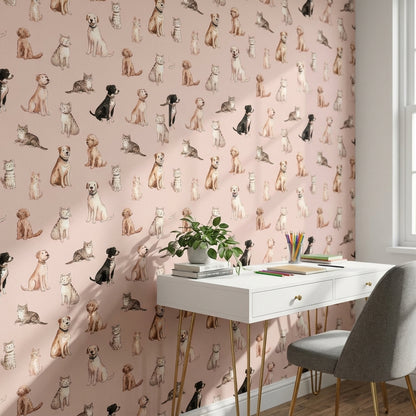 Kedi Köpek Desenli Duvar Kağıdı Pudra Pembe Çocuk Odası