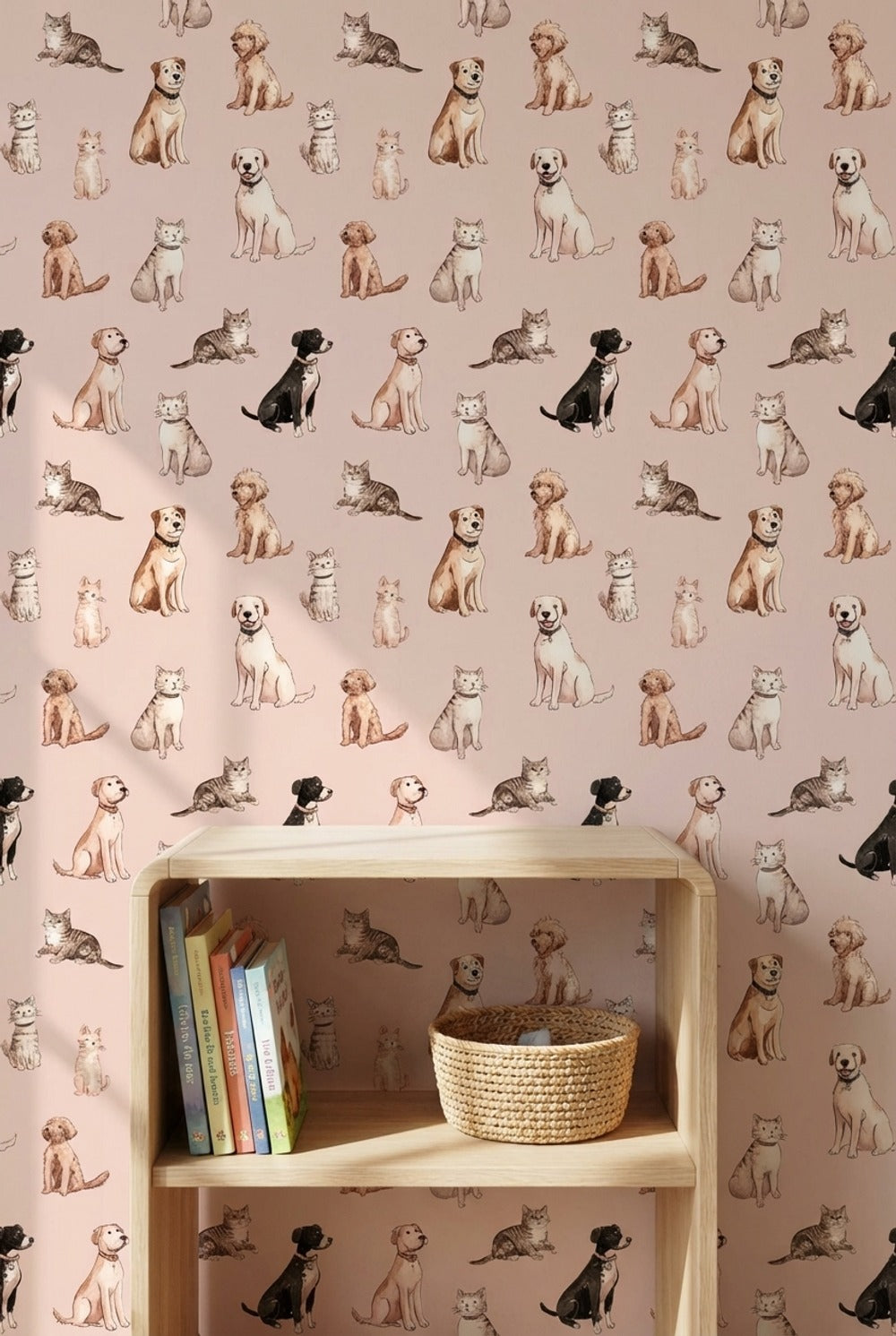 Kedi Köpek Desenli Duvar Kağıdı Pudra Pembe Çocuk Odası