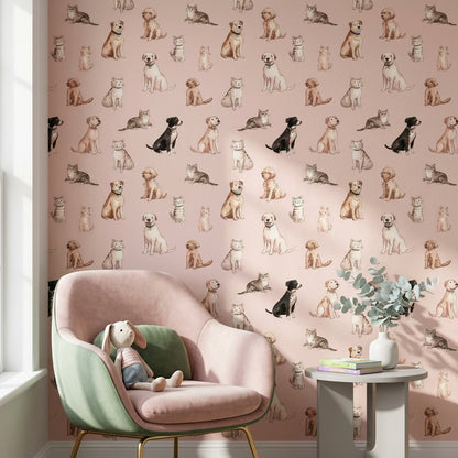 Kedi Köpek Desenli Duvar Kağıdı Pudra Pembe Çocuk Odası