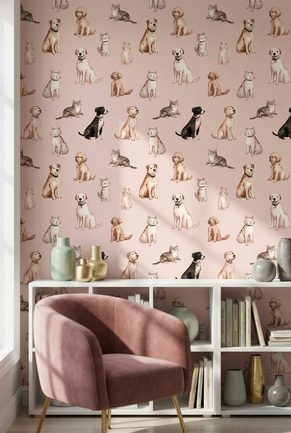 Kedi Köpek Desenli Duvar Kağıdı Pudra Pembe Çocuk Odası