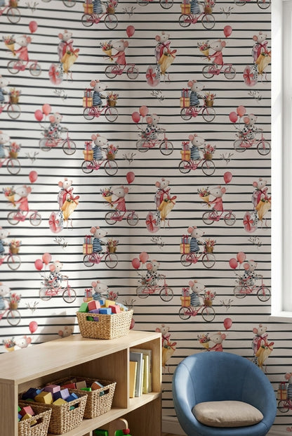 Bisikletli Fare Desenli Duvar Kağıdı Çocuk Odası Çizgili