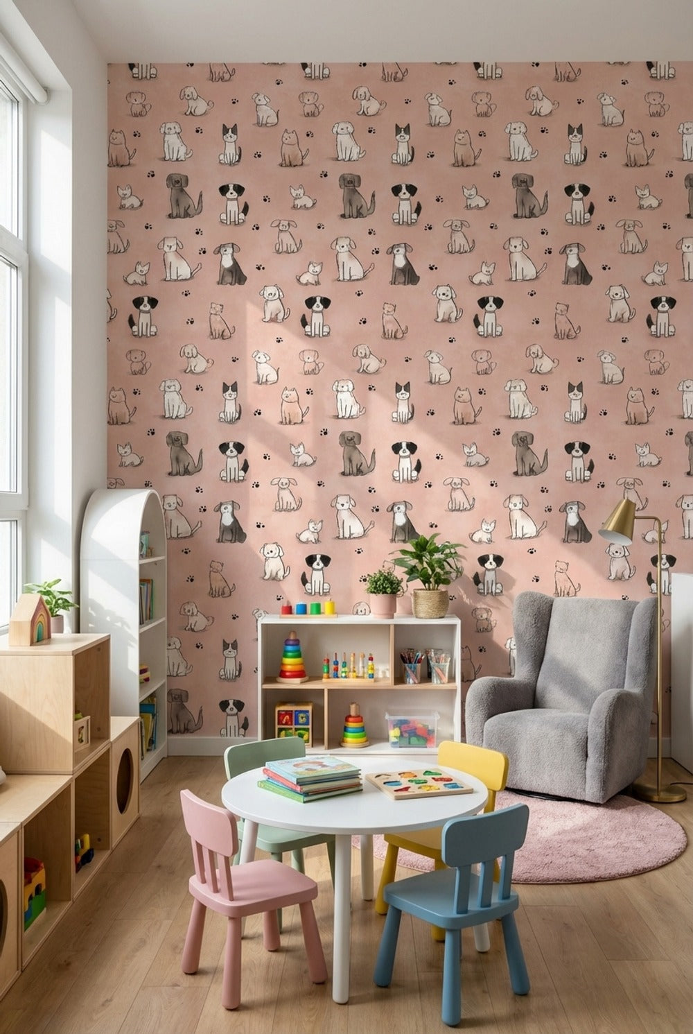 Sevimli Kedi Köpek Desenli Duvar Kağıdı Pembe Çocuk Odası
