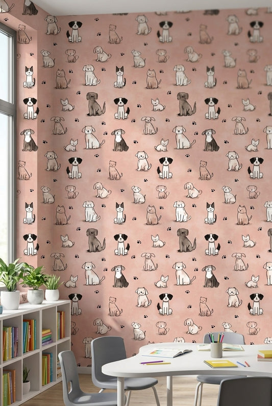 Sevimli Kedi Köpek Desenli Duvar Kağıdı Pembe Çocuk Odası