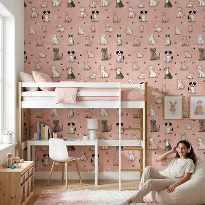 Sevimli Kedi Köpek Desenli Duvar Kağıdı Pembe Çocuk Odası
