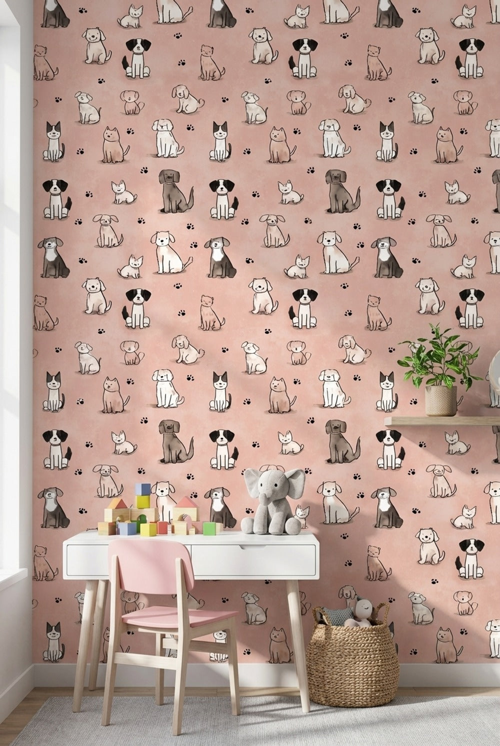 Sevimli Kedi Köpek Desenli Duvar Kağıdı Pembe Çocuk Odası