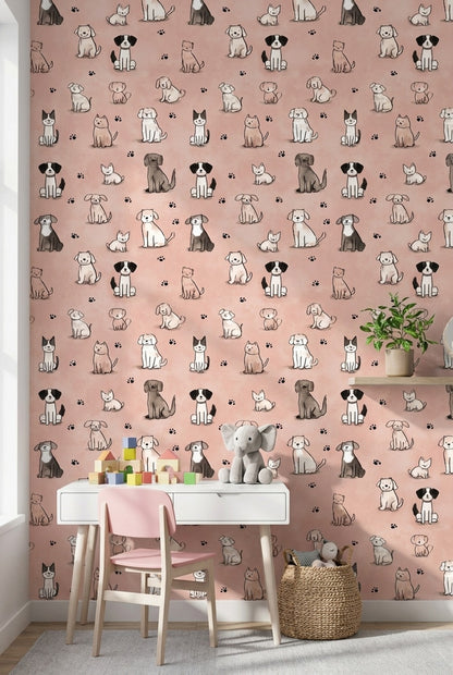 Sevimli Kedi Köpek Desenli Duvar Kağıdı Pembe Çocuk Odası