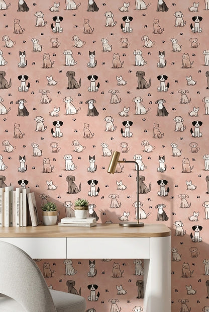 Sevimli Kedi Köpek Desenli Duvar Kağıdı Pembe Çocuk Odası