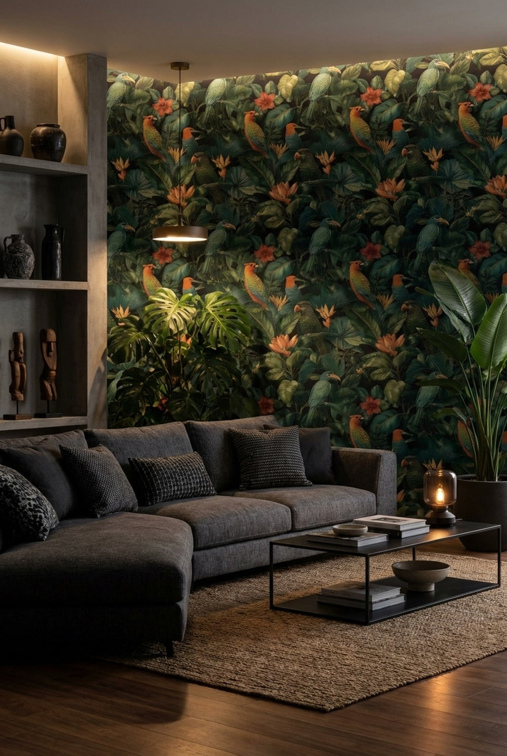 Tropikal Kuş Desenli Duvar Kağıdı Koyu Yeşil Salon