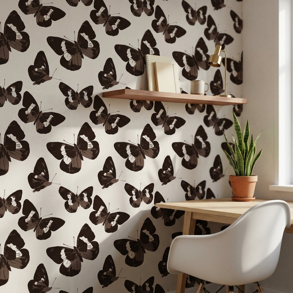 Siyah Kelebek Desenli Duvar Kağıdı Modern Salon Dekoru