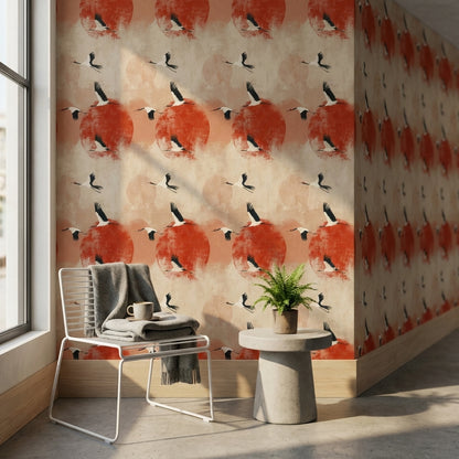 Uçan Turnalı Duvar Kağıdı Kırmızı Güneş Desenli Salon