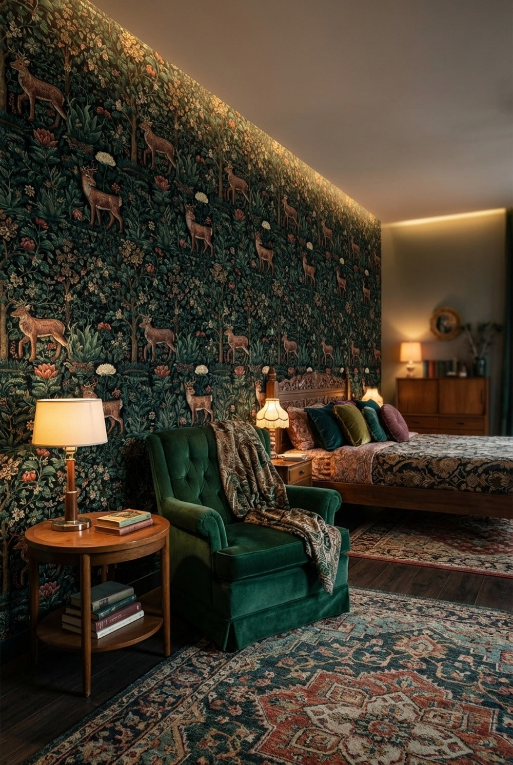 Geyik ve Orman Desenli Duvar Kağıdı Koyu Yeşil Salon