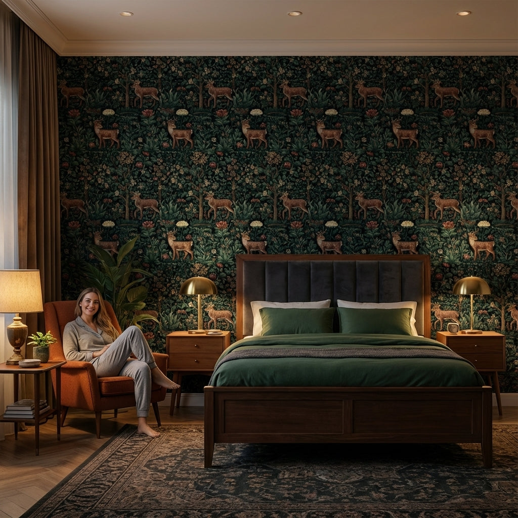 Geyik ve Orman Desenli Duvar Kağıdı Koyu Yeşil Salon