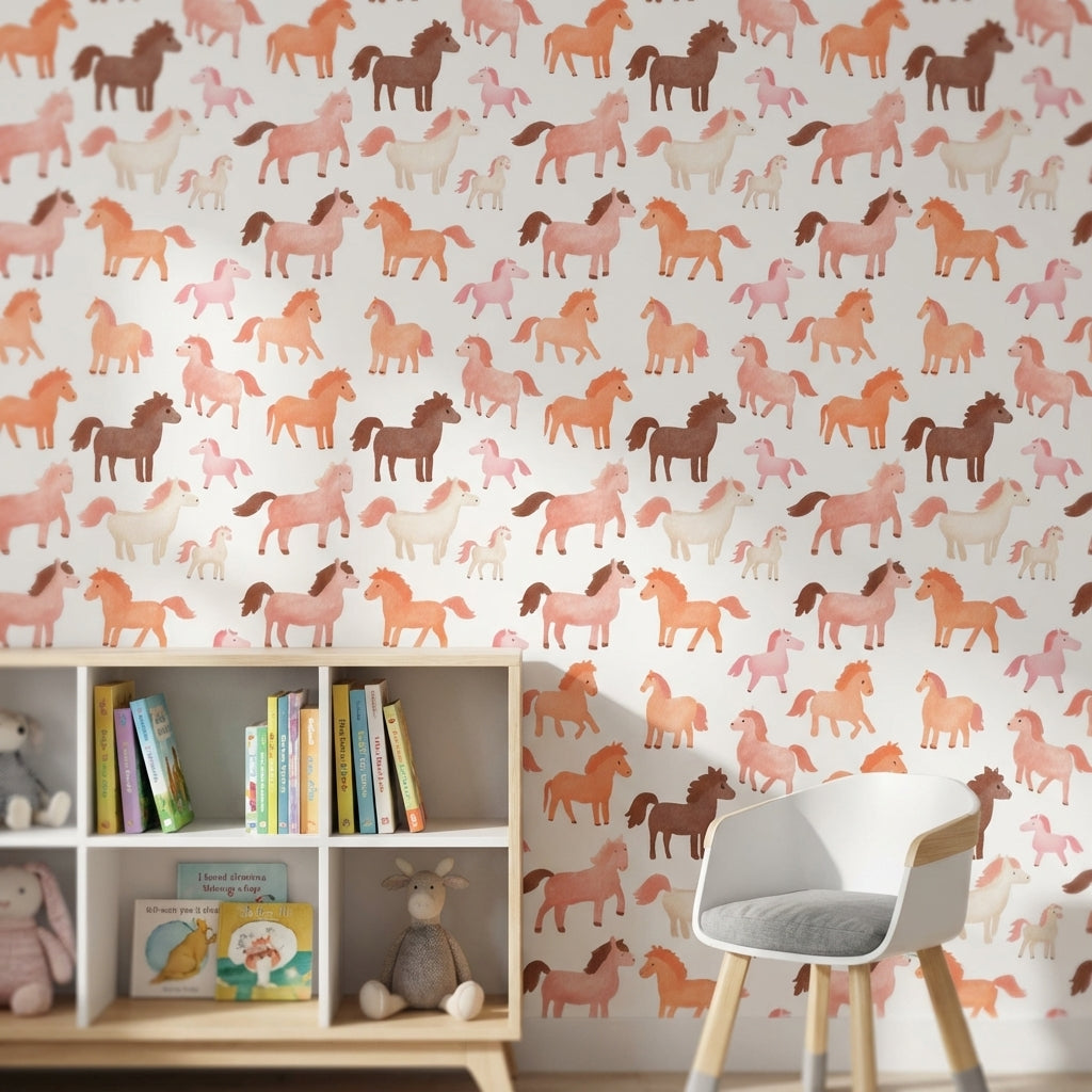 Sevimli Pony Desenli Duvar Kağıdı Pastel Çocuk Odası