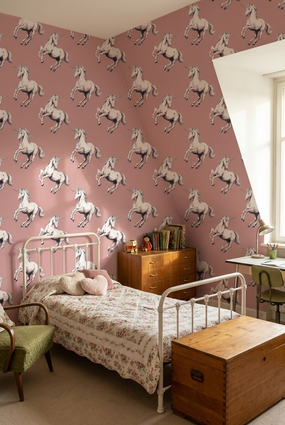 Unicorn Desenli Duvar Kağıdı Pudra Pembe Çocuk Odası
