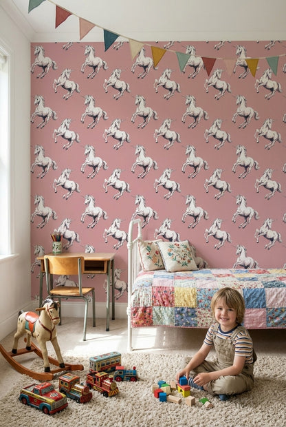 Unicorn Desenli Duvar Kağıdı Pudra Pembe Çocuk Odası