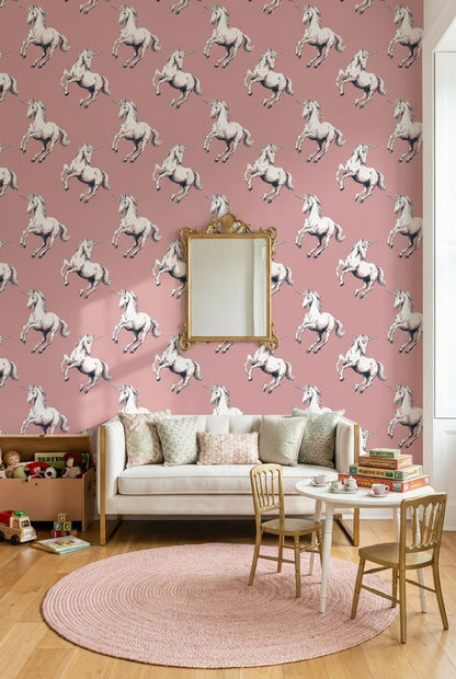 Unicorn Desenli Duvar Kağıdı Pudra Pembe Çocuk Odası