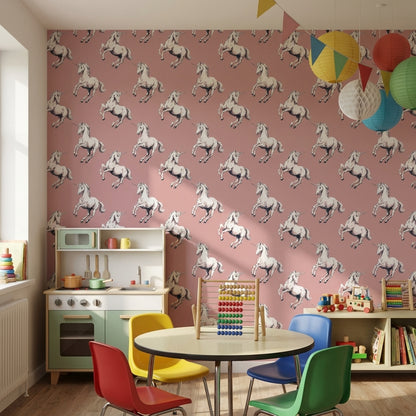 Unicorn Desenli Duvar Kağıdı Pudra Pembe Çocuk Odası