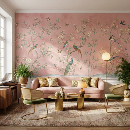 Kuşlu Çiçekli Poster Duvar Kağıdı Pembe Duvar Muralı