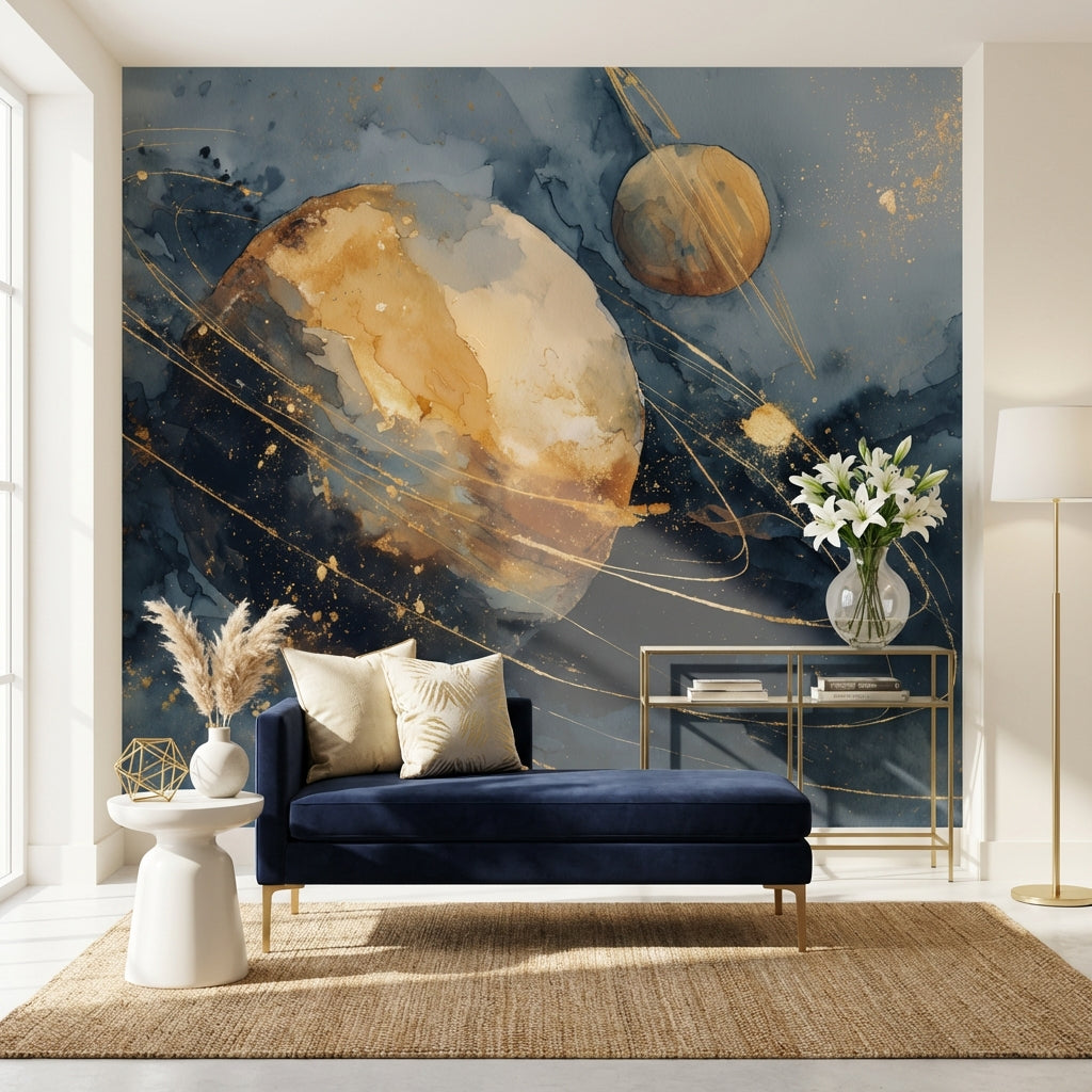 Soyut Gezegenli Poster Duvar Kağıdı Lacivert Altın Ofis