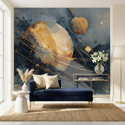 Soyut Gezegenli Poster Duvar Kağıdı Lacivert Altın Ofis