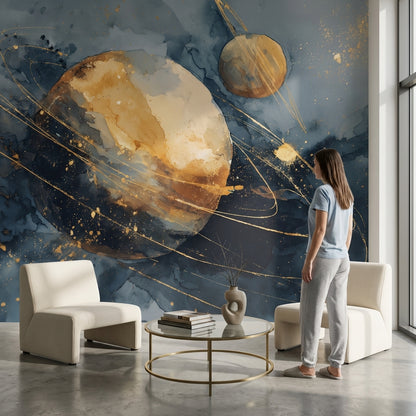 Soyut Gezegenli Poster Duvar Kağıdı Lacivert Altın Ofis