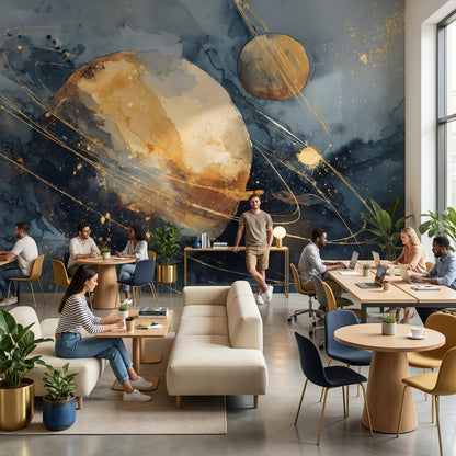 Soyut Gezegenli Poster Duvar Kağıdı Lacivert Altın Ofis