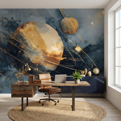 Soyut Gezegenli Poster Duvar Kağıdı Lacivert Altın Ofis