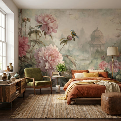 Romantik Şakayık Çiçekli Poster Duvar Kağıdı Pudra Pembe Salon