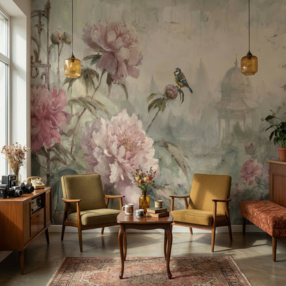 Romantik Şakayık Çiçekli Poster Duvar Kağıdı Pudra Pembe Salon