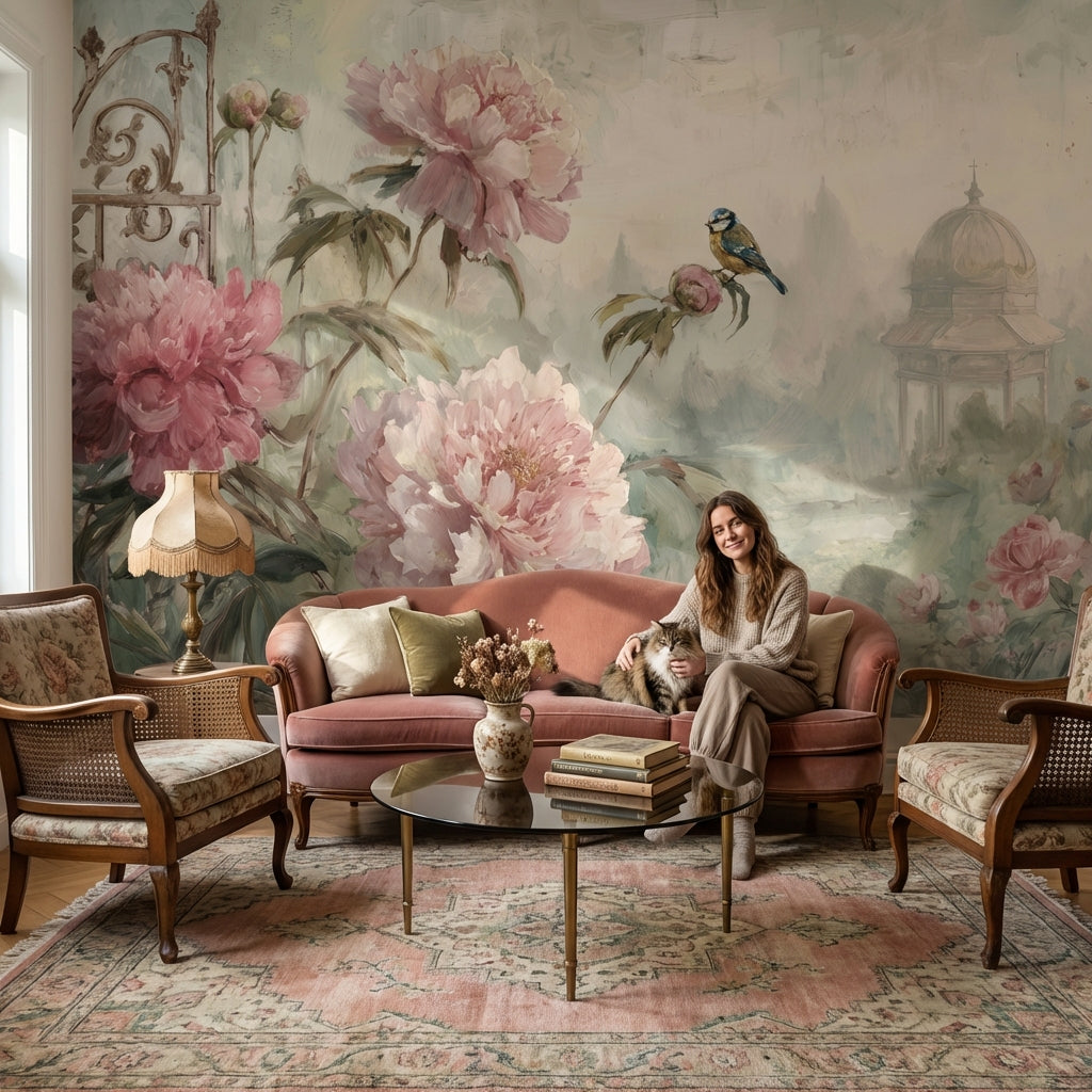 Romantik Şakayık Çiçekli Poster Duvar Kağıdı Pudra Pembe Salon