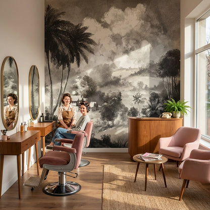 Siyah Beyaz Tropik Palmiye Manzaralı Poster Duvar Kağıdı Salon