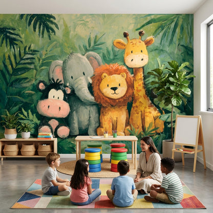 Sevimli Safari Hayvanları Poster Duvar Kağıdı Yeşil Çocuk Odası