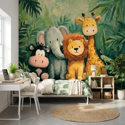 Sevimli Safari Hayvanları Poster Duvar Kağıdı Yeşil Çocuk Odası