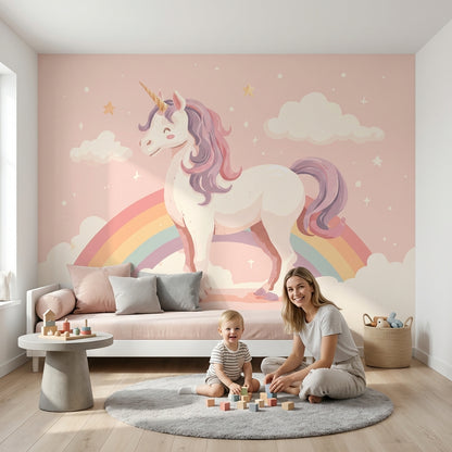 Gökkuşağı ve Unicorn Poster Duvar Kağıdı Pembe Çocuk Odası