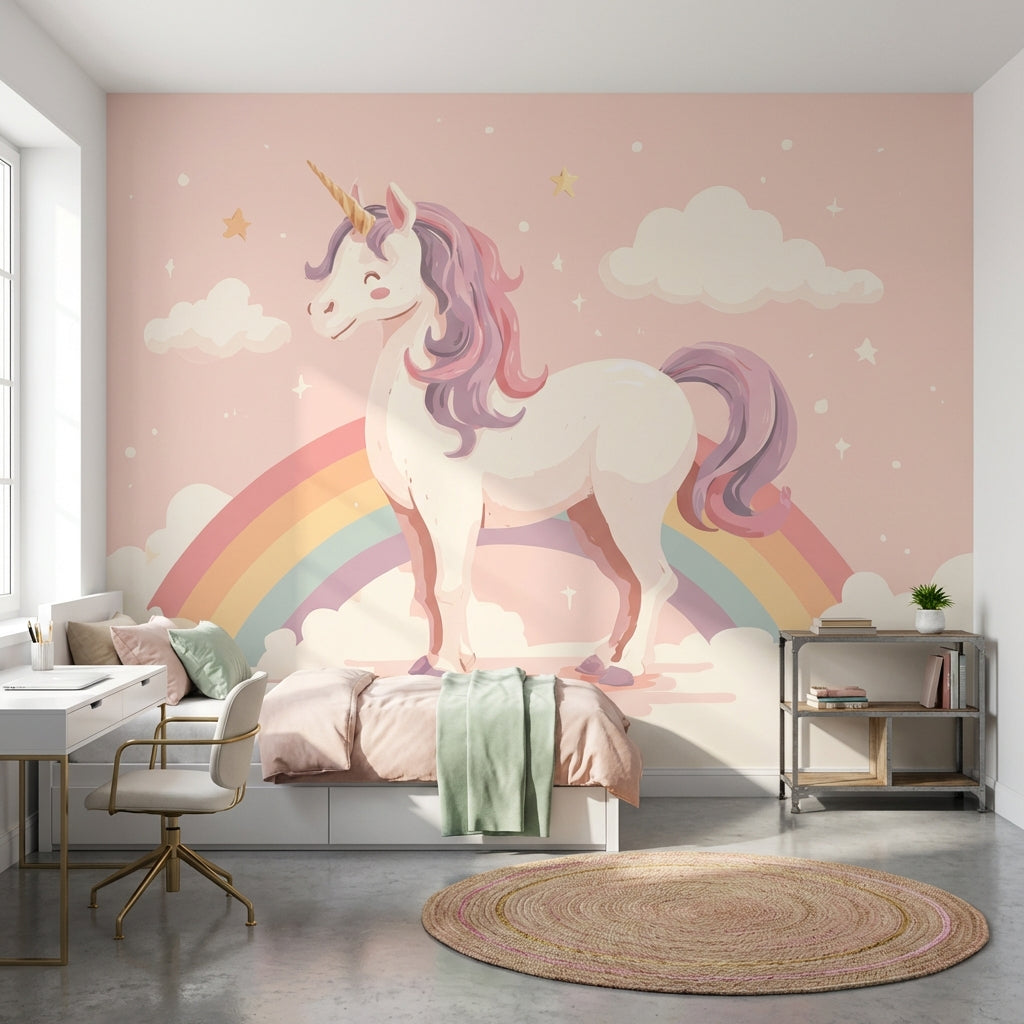 Gökkuşağı ve Unicorn Poster Duvar Kağıdı Pembe Çocuk Odası